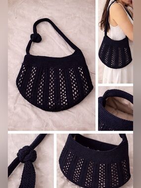 Vintage Style Crochet Knit Hobo Bag - Navy Blue Boho Tote